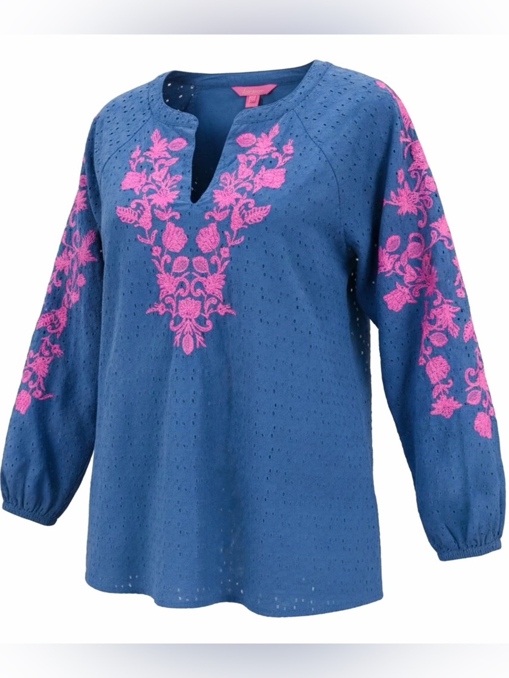 Women’s L Lilly Pulitzer Blue & Pink Embroidered Eyelet Peasant Tunic Emberline